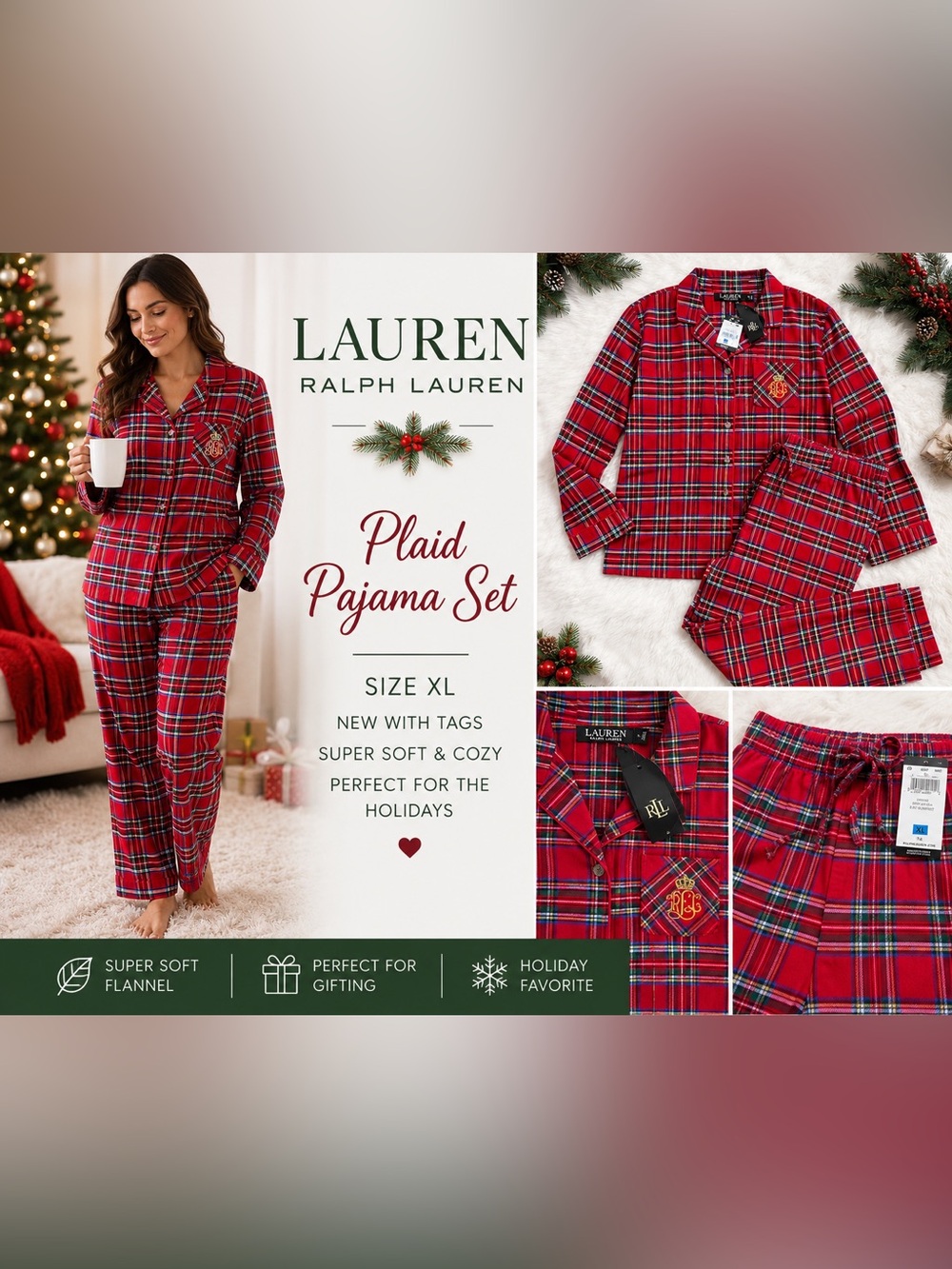 NWT Lauren Ralph Lauren Red Plaid Flannel Pajama Set XL Holiday Christmas Sleep